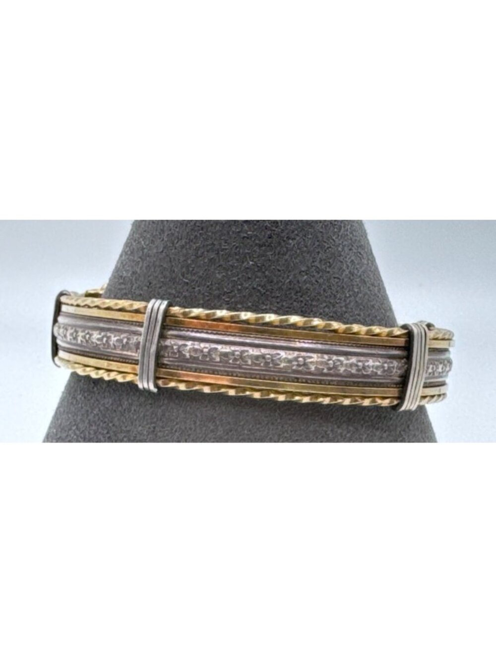 Vintage Mixed Metal Bracelet  Bangle Ornate Floral Details And Unique Clasp Desi